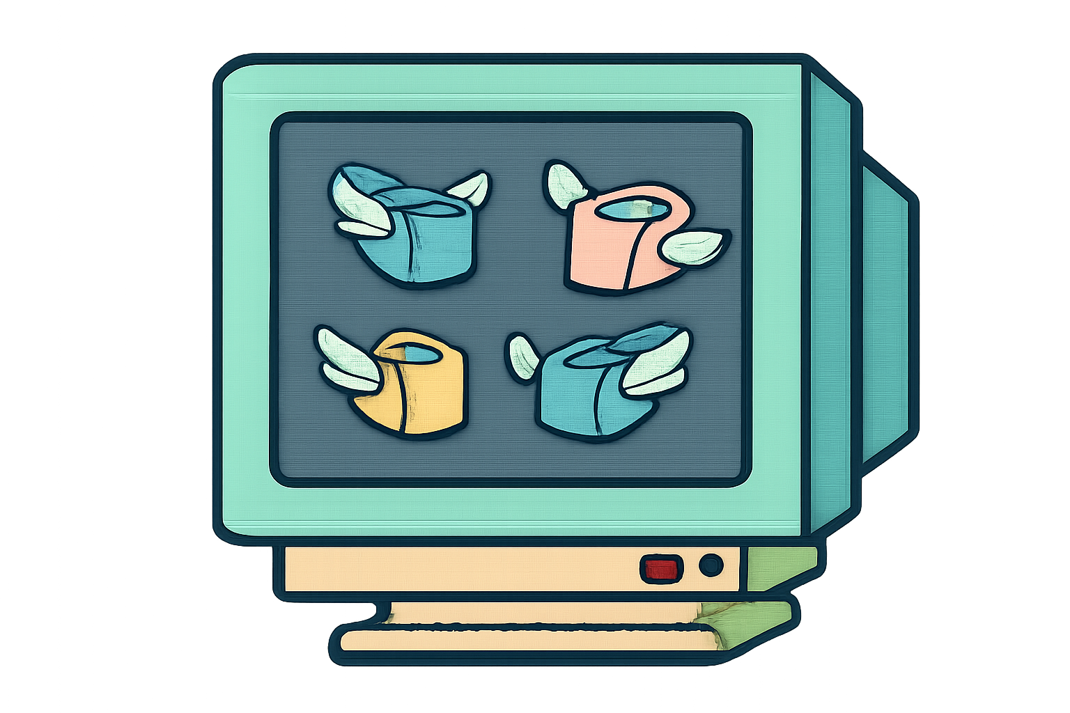 A 90s monitor displaying the classic After Dark flying toasters screensaver