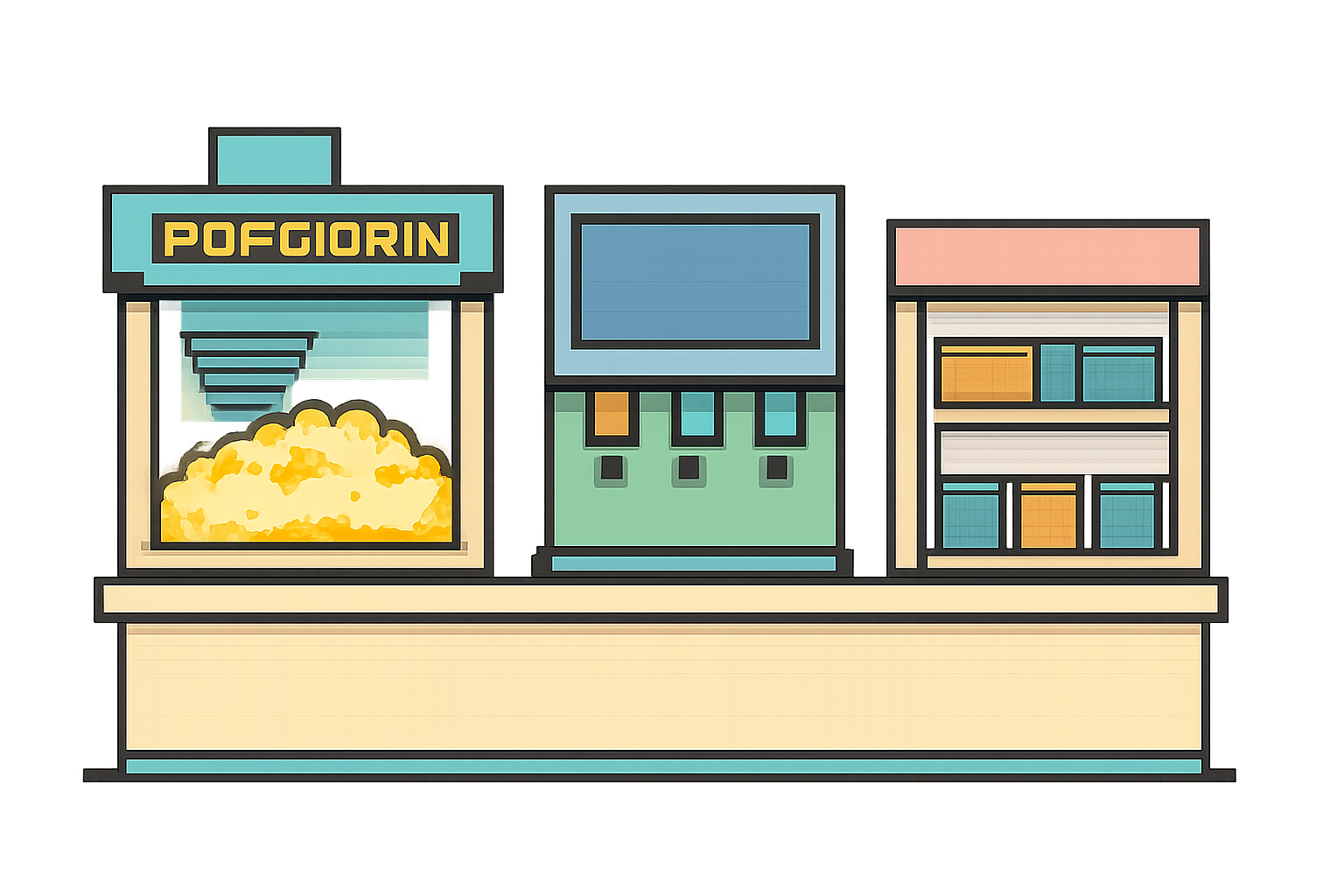 A 90s movie theater concession stand with popcorn and candy