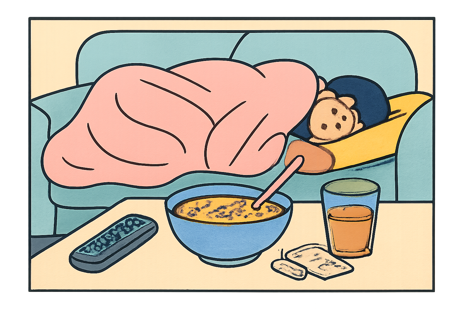 A cozy sick day setup on the couch with soup, ginger ale, and blankets