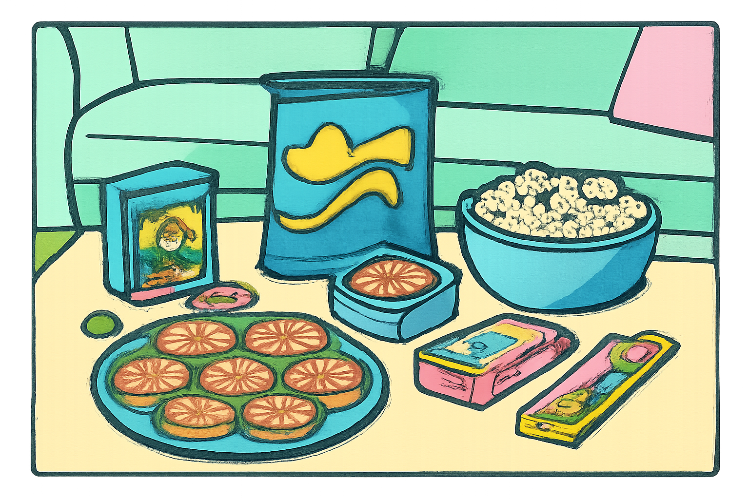 A spread of 90s sleepover snacks on a coffee table